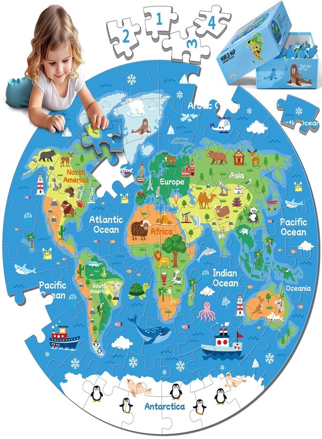 Ppotyo 72 Piece World Map Jigsaw Puzzle for Kids 3-5, 4-6 Globe Round Floor Puzzles Geography Educational Birthday Gifts Learning Resource Educational Montessori Toys (World Map) - Image 1